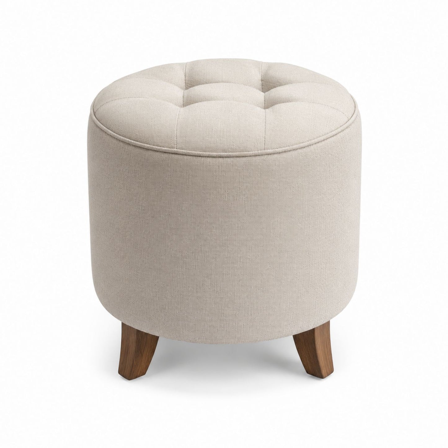 Round Linen Ottoman with Wood Legs Beige 45cm