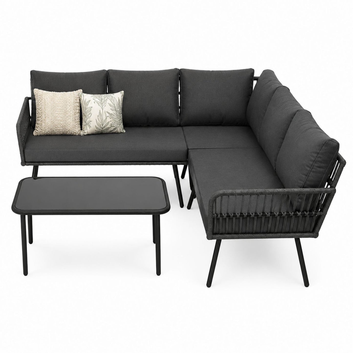 Outdoor L-Shaped Aluminum Sofa Set with Dark Gray Cushions and Glass Table