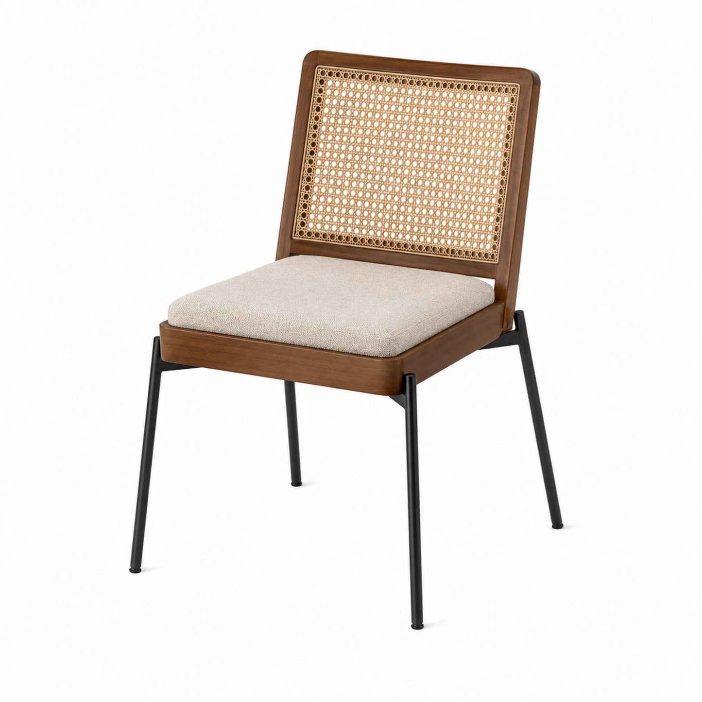 Wood Dining Chair with Rattan Back and Upholstered Seat in Walnut and Black Metal Legs