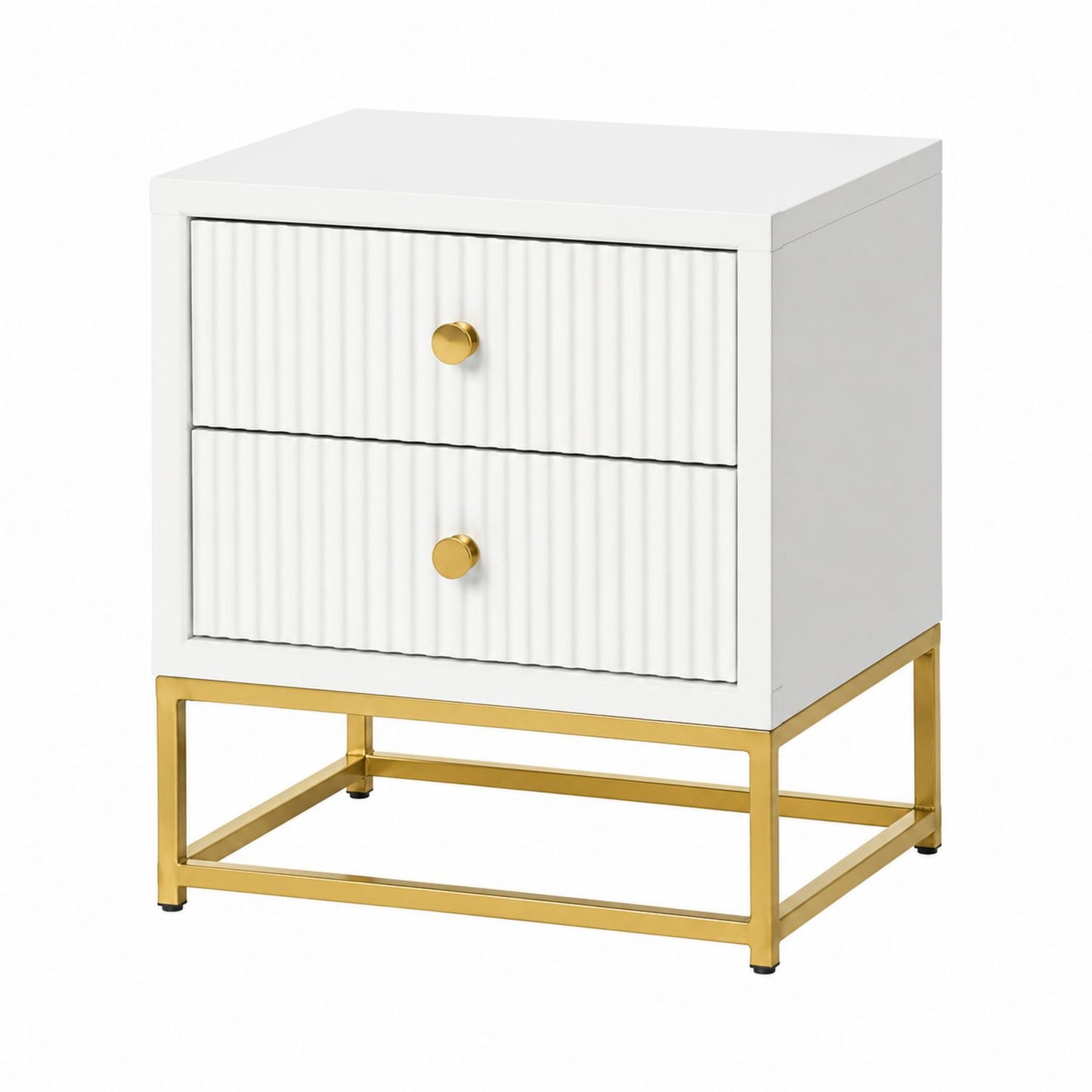 White Two-Drawer Nightstand with Metal Frame and Gold Accents