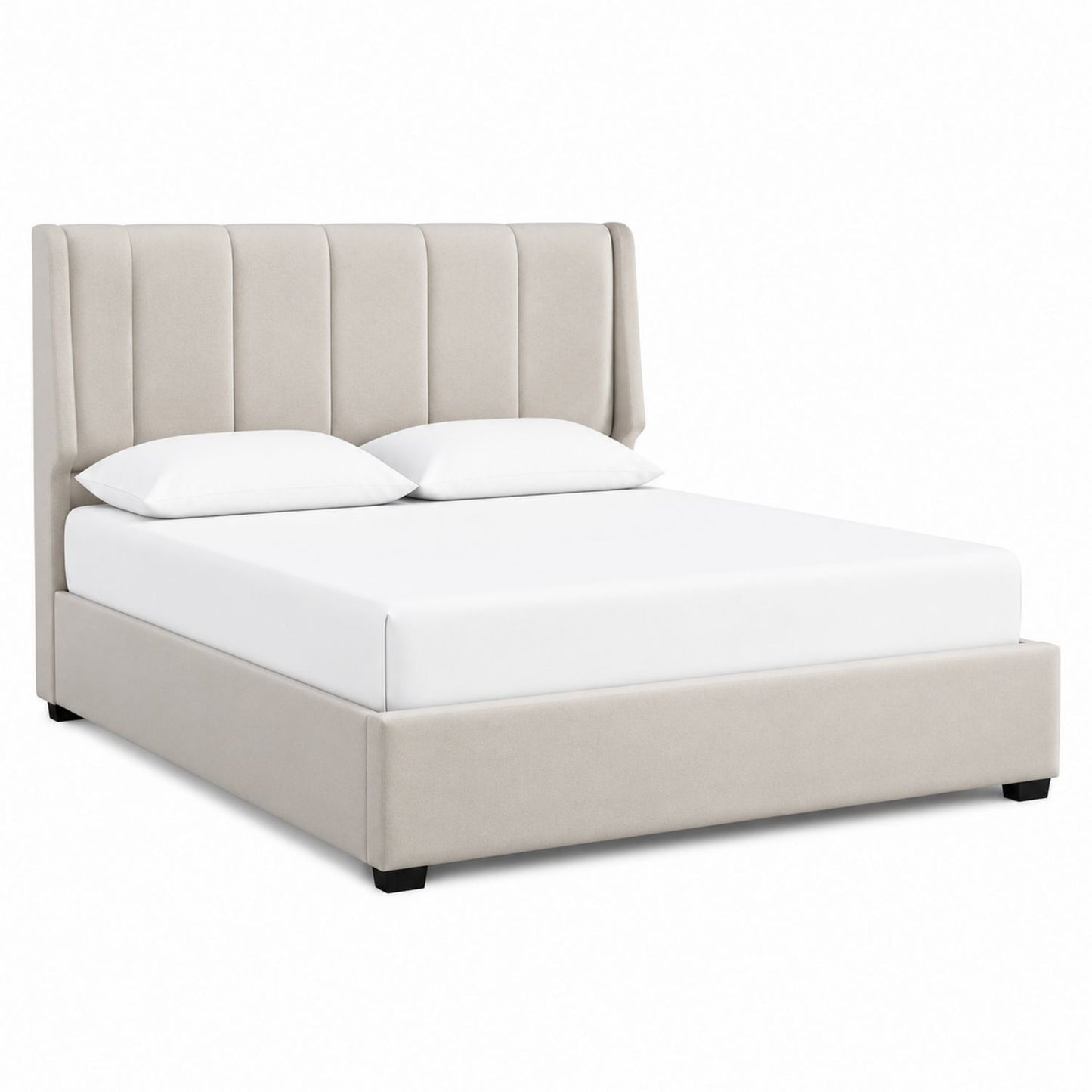 Beige Upholstered Queen Bed with Wingback Headboard