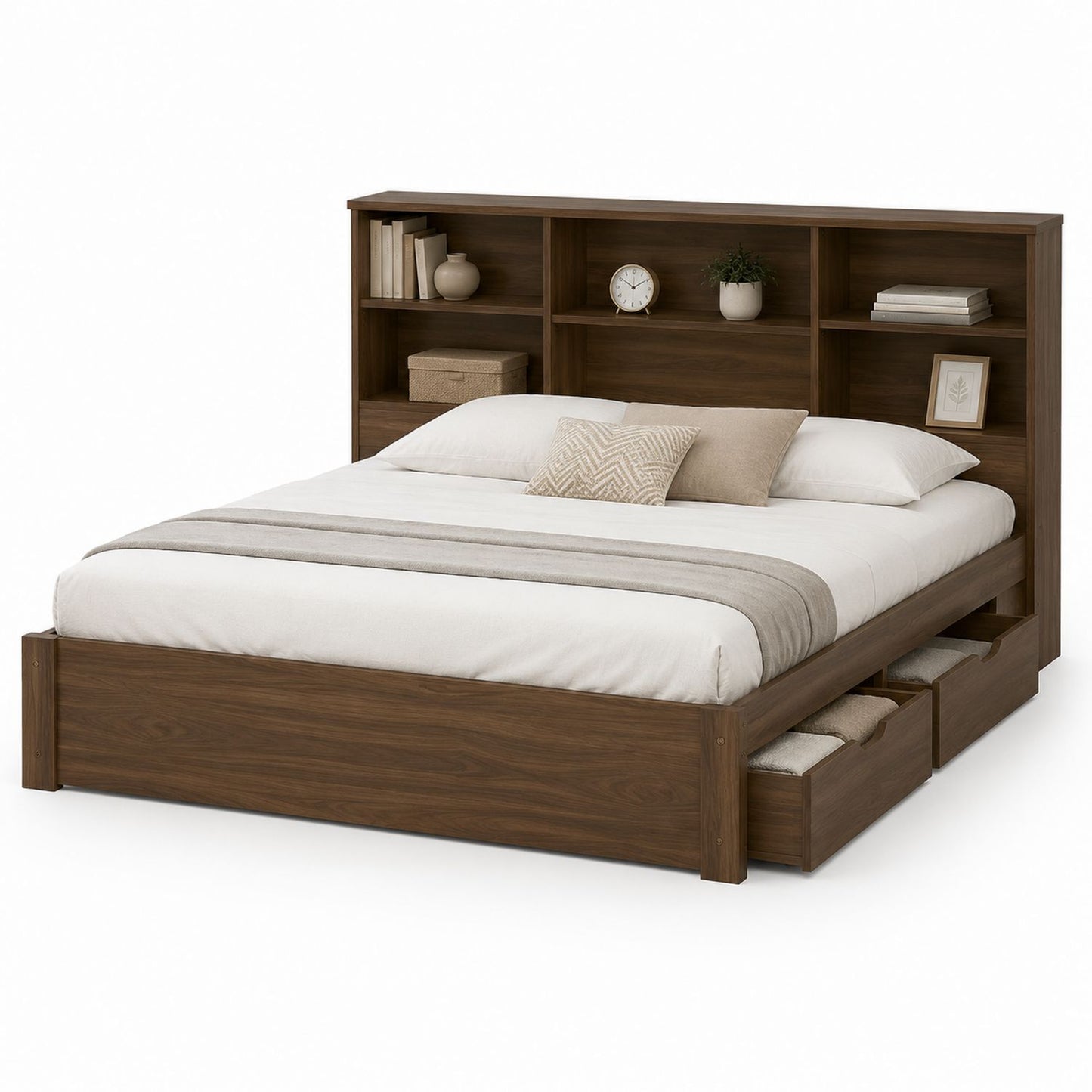 Queen Size Wood Platform Bed with Headboard Shelves and Drawers