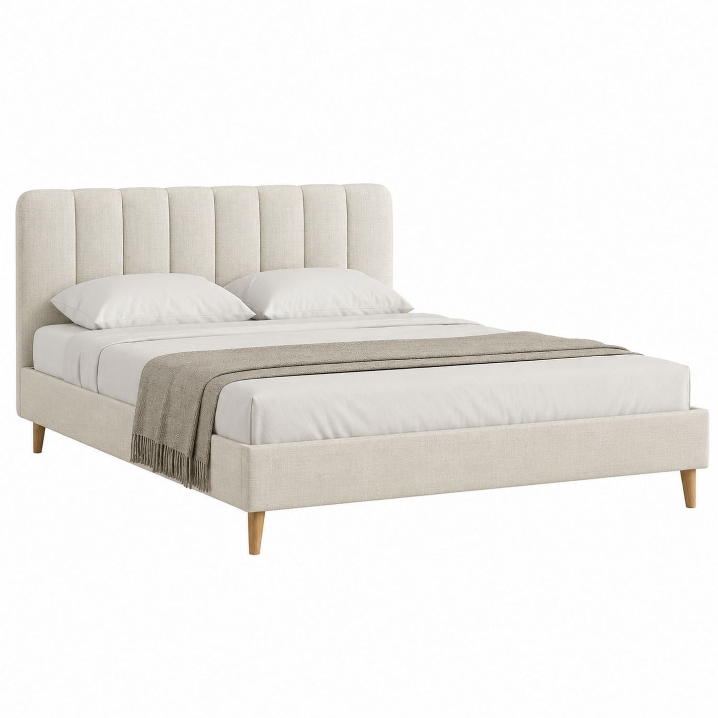 Beige Fabric King Size Platform Bed with Wood Legs