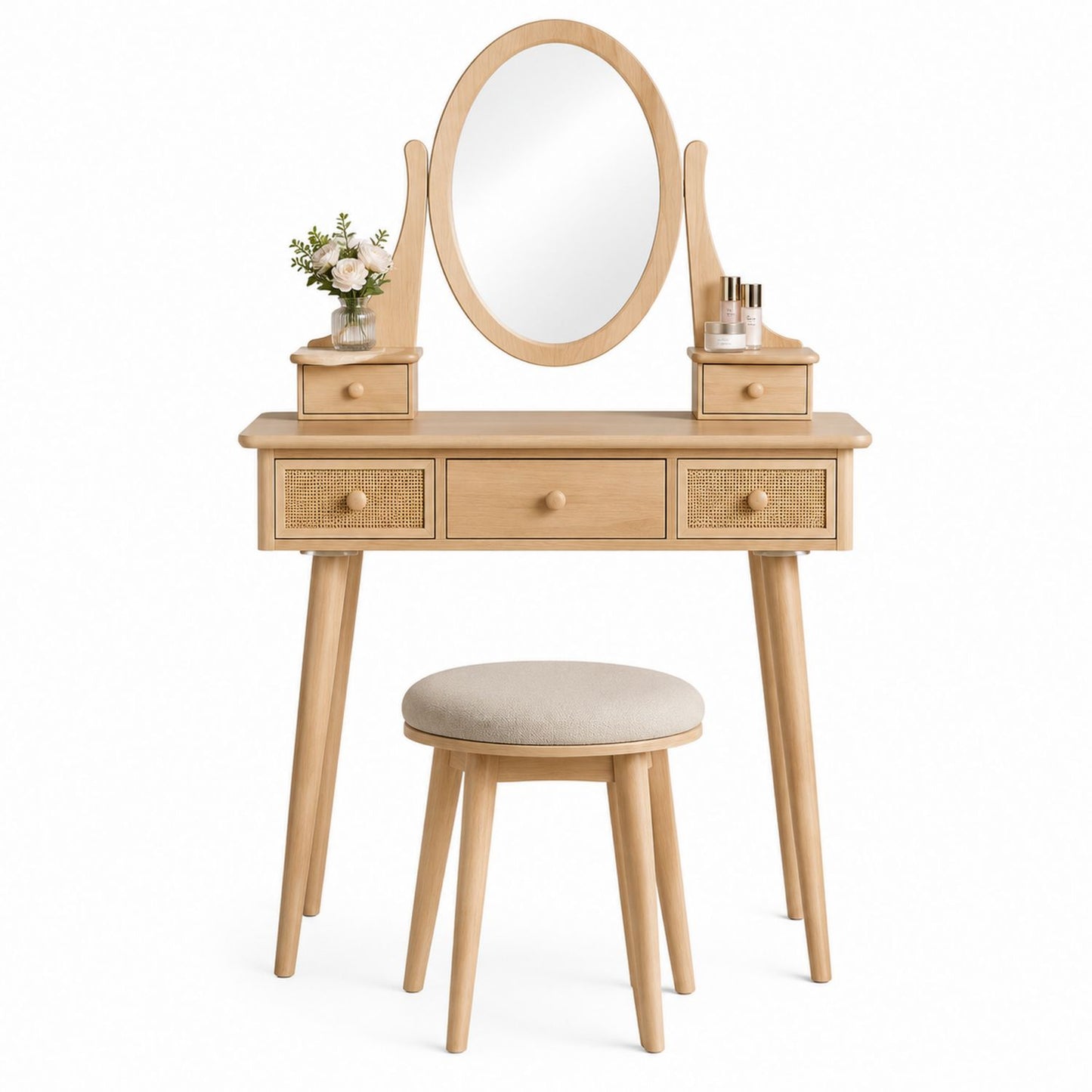 Wooden Vanity Set with Mirror and Stool - Natural Finish