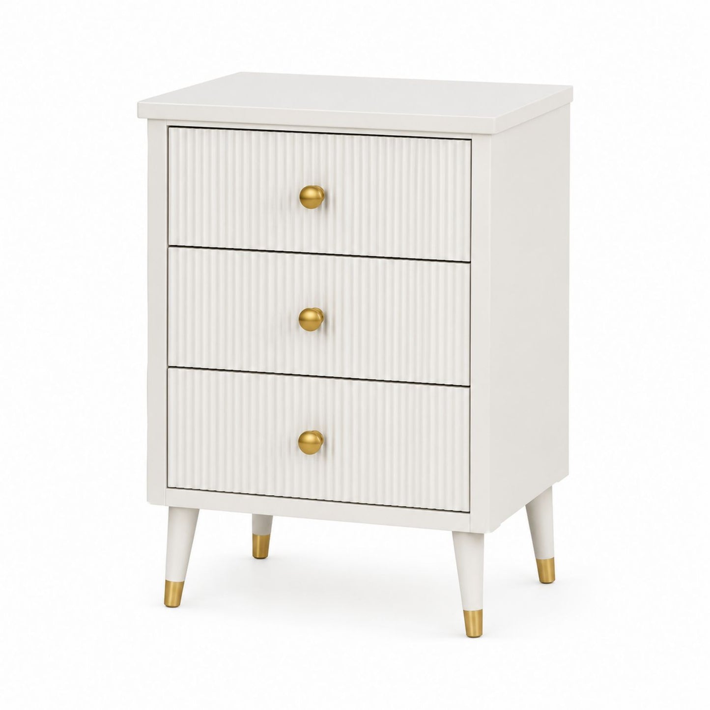 Three-Drawer White Wood Nightstand with Ribbed Design and Gold Handles