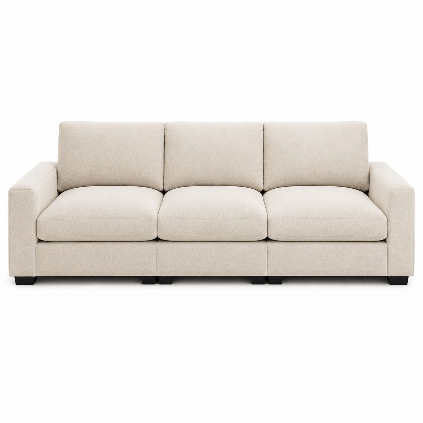 Beige Fabric Three-Seater Sofa with Wooden Block Feet