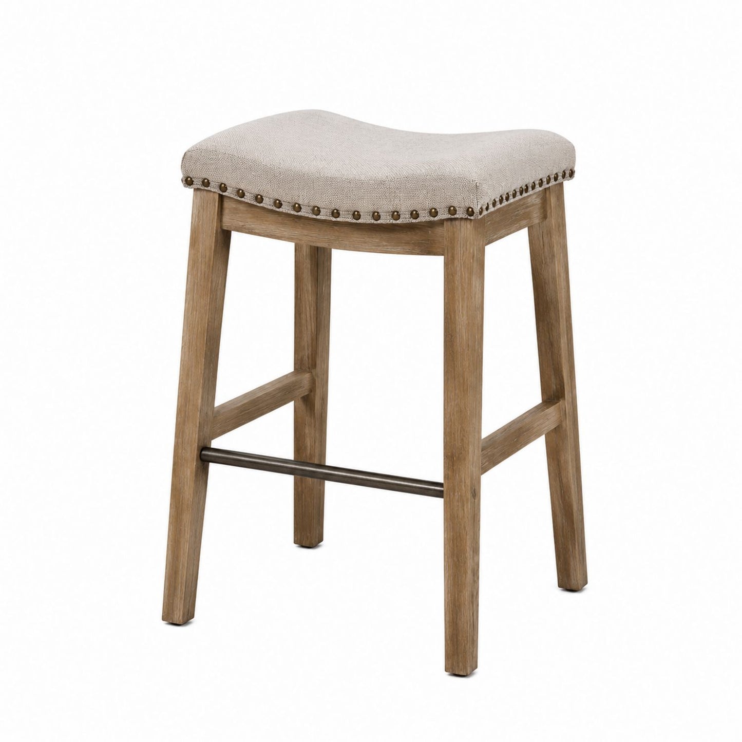 Wooden Bar Stool with Linen Upholstery and Metal Footrest