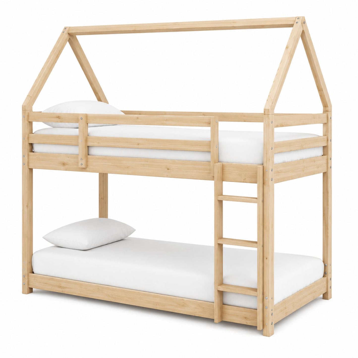 Wooden Bunk Bed with Ladder and Roof Design Natural Pine Twin Size