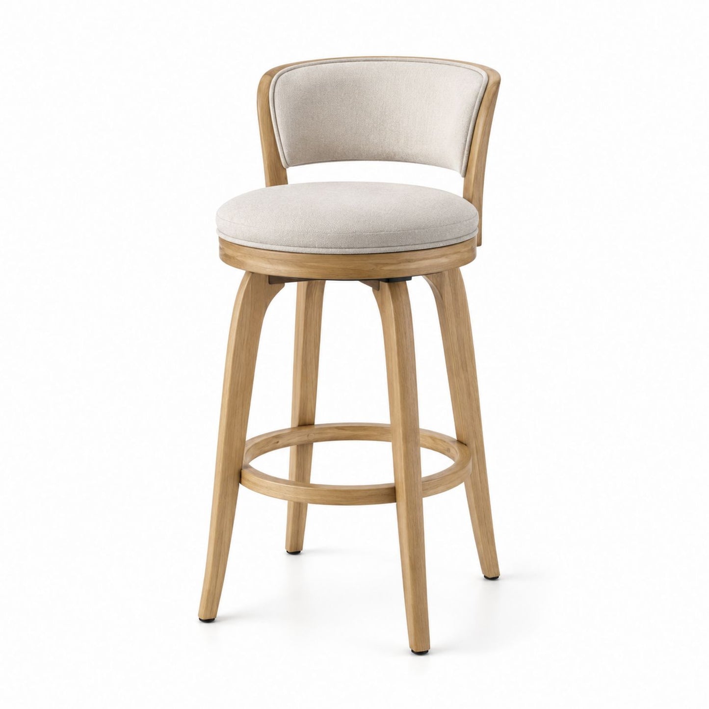 Swivel Bar Stool Oak Wood Frame Beige Polyester Upholstery