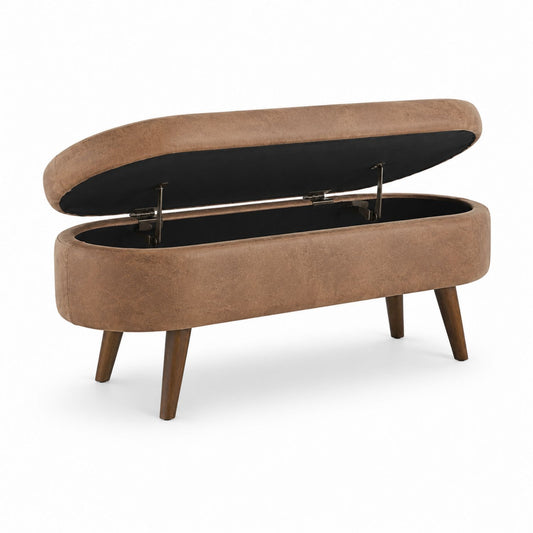Oval Faux Leather Storage Bench Brown 100cm