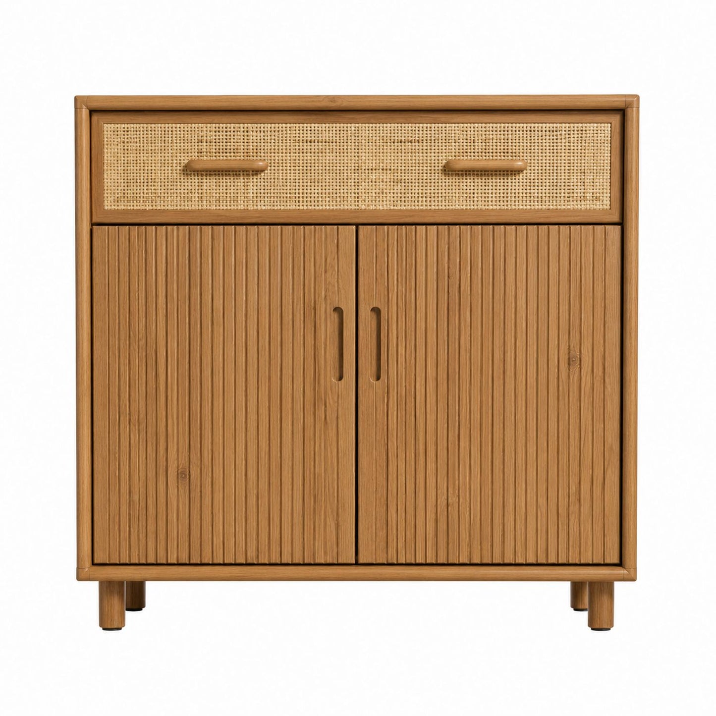 Wood and Rattan Storage Cabinet with Double Doors and Drawer