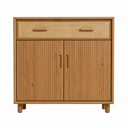 Wood and Rattan Storage Cabinet with Double Doors and Drawer