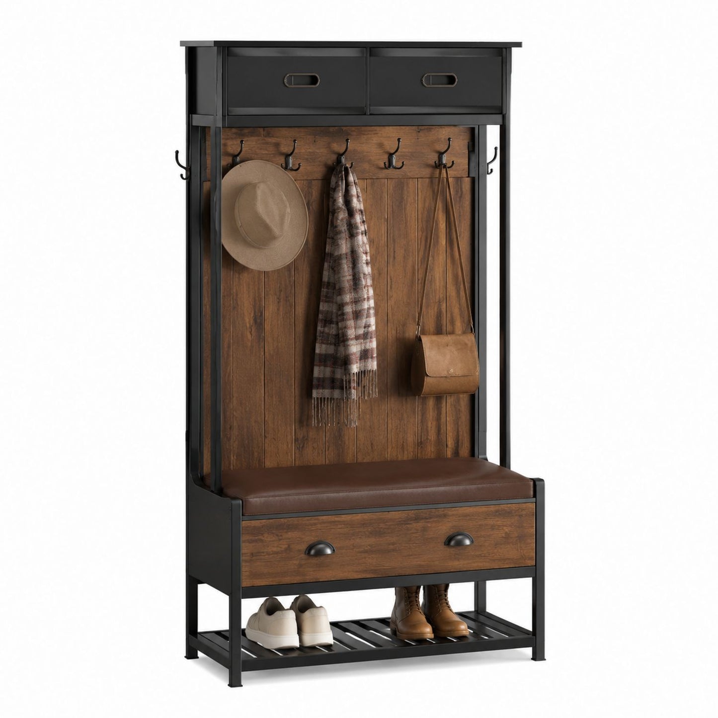 Wood and Metal Hall Tree with Storage Bench and Hooks Brown