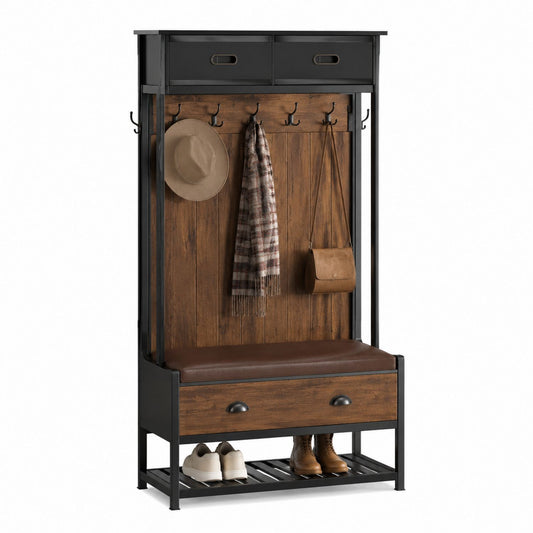 Wood and Metal Hall Tree with Storage Bench and Hooks Brown