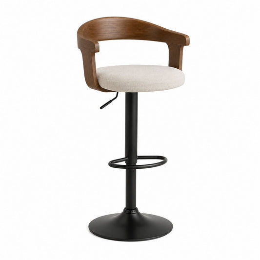 Adjustable Bar Stool Walnut Wood Black Base Polyester Fabric Seat