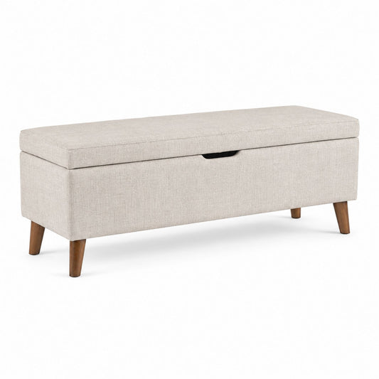 Beige Linen Storage Ottoman with Wooden Legs 47in x 18in x 16in