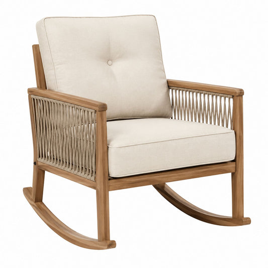 Teak Wood Rocking Chair with Rope and Beige Cushions