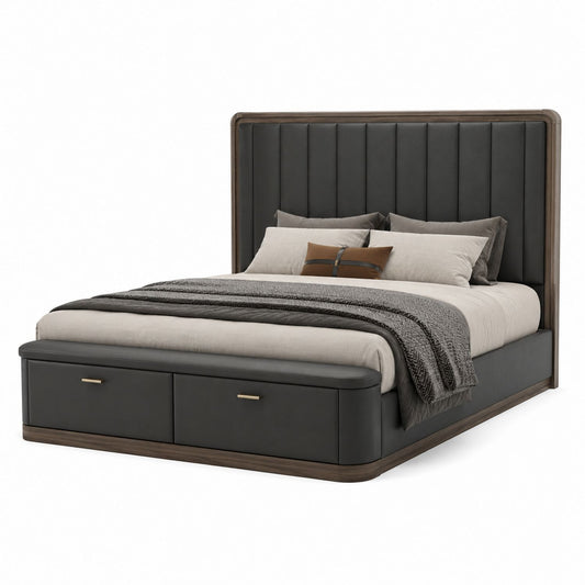 King Size Wood Bed with Black Faux Leather and Storage Drawers