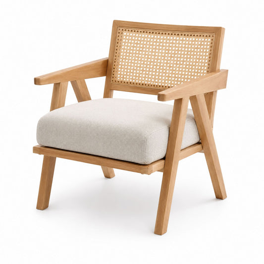 Oak Armchair with Rattan Backrest and Beige Polyester Cushion