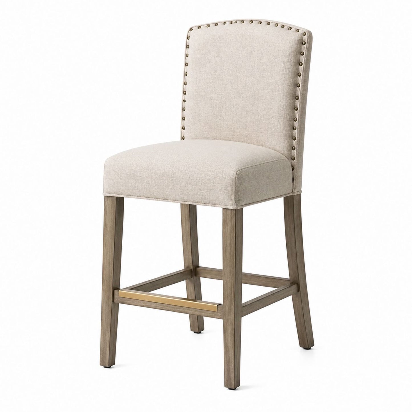 Upholstered Bar Stool with Oak Frame and Linen Fabric in Beige