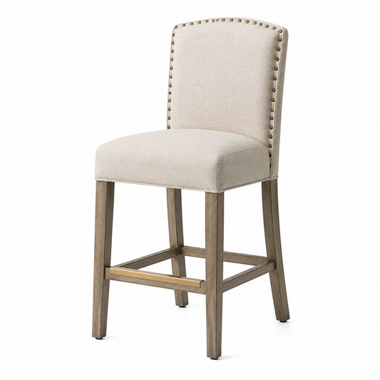 Upholstered Bar Stool with Oak Frame and Linen Fabric in Beige