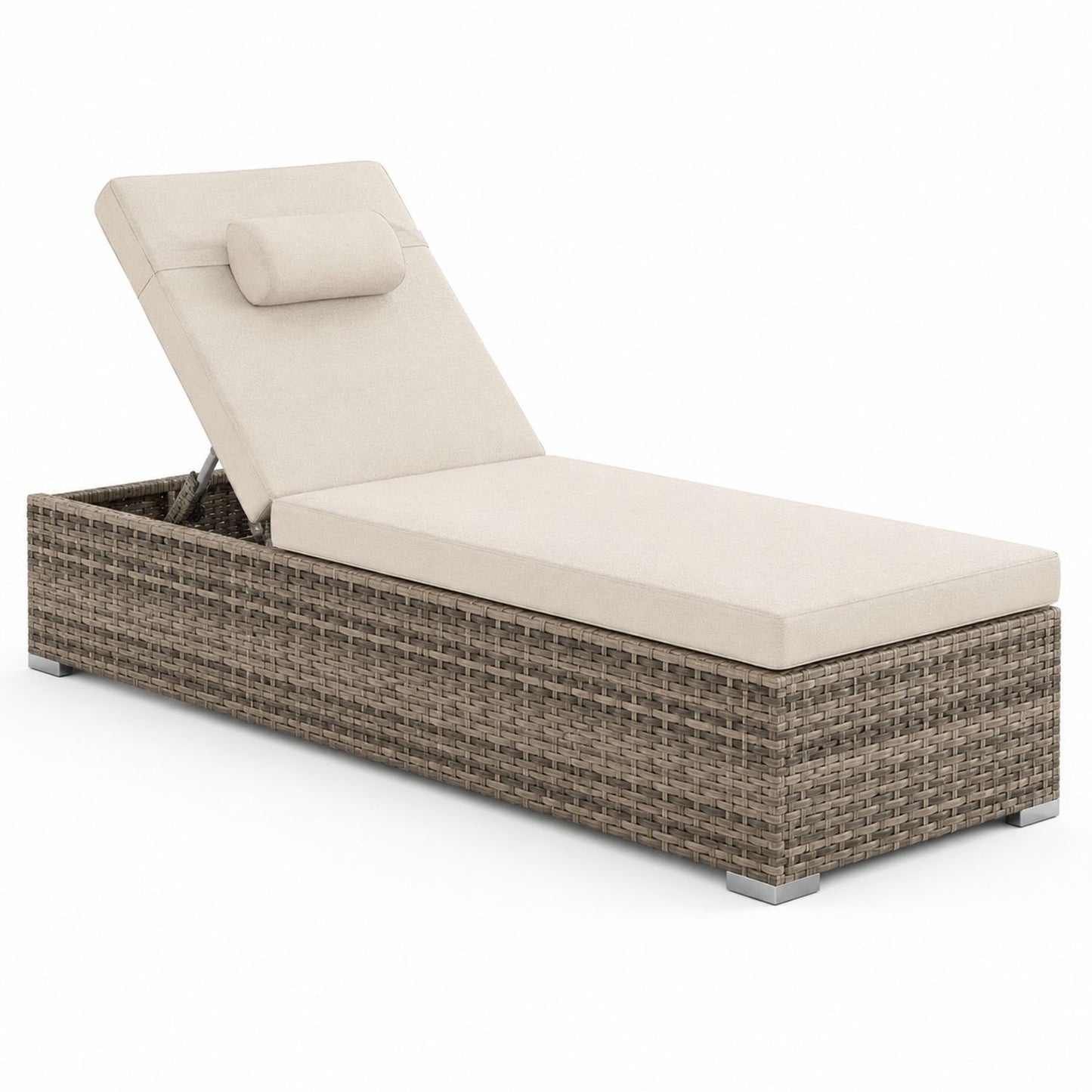 Outdoor Rattan Reclining Chaise Lounge with Adjustable Backrest and Cushion Beige