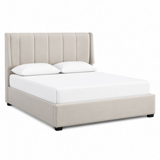 Beige Upholstered Queen Bed with Wingback Headboard