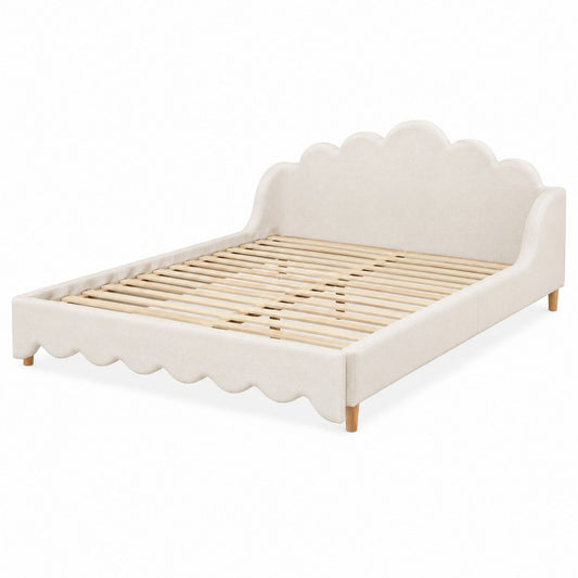 Fabric Upholstered Bed Frame with Scallop Edge and Wooden Slat Support, Cream, Full Size