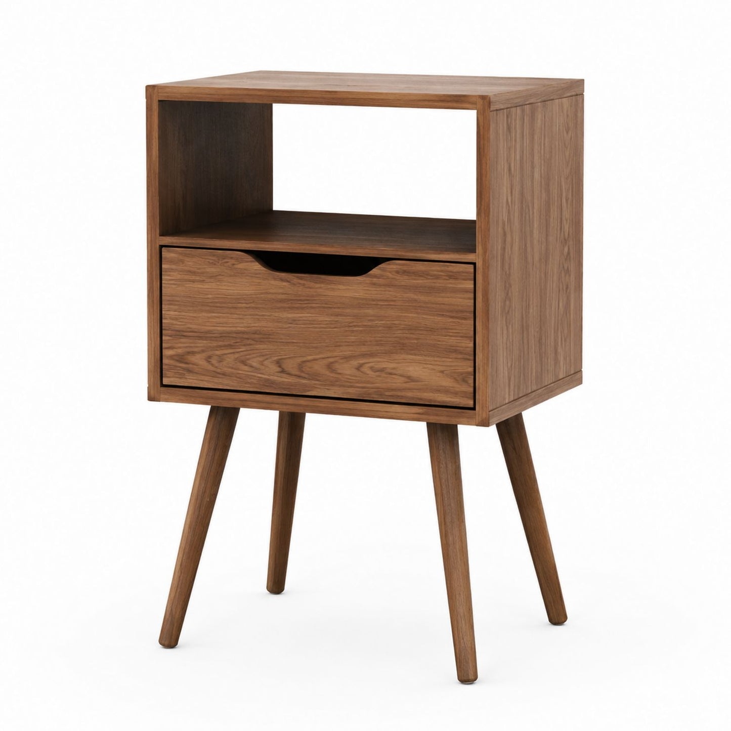 Walnut Veneer Nightstand with Drawer and Open Shelf