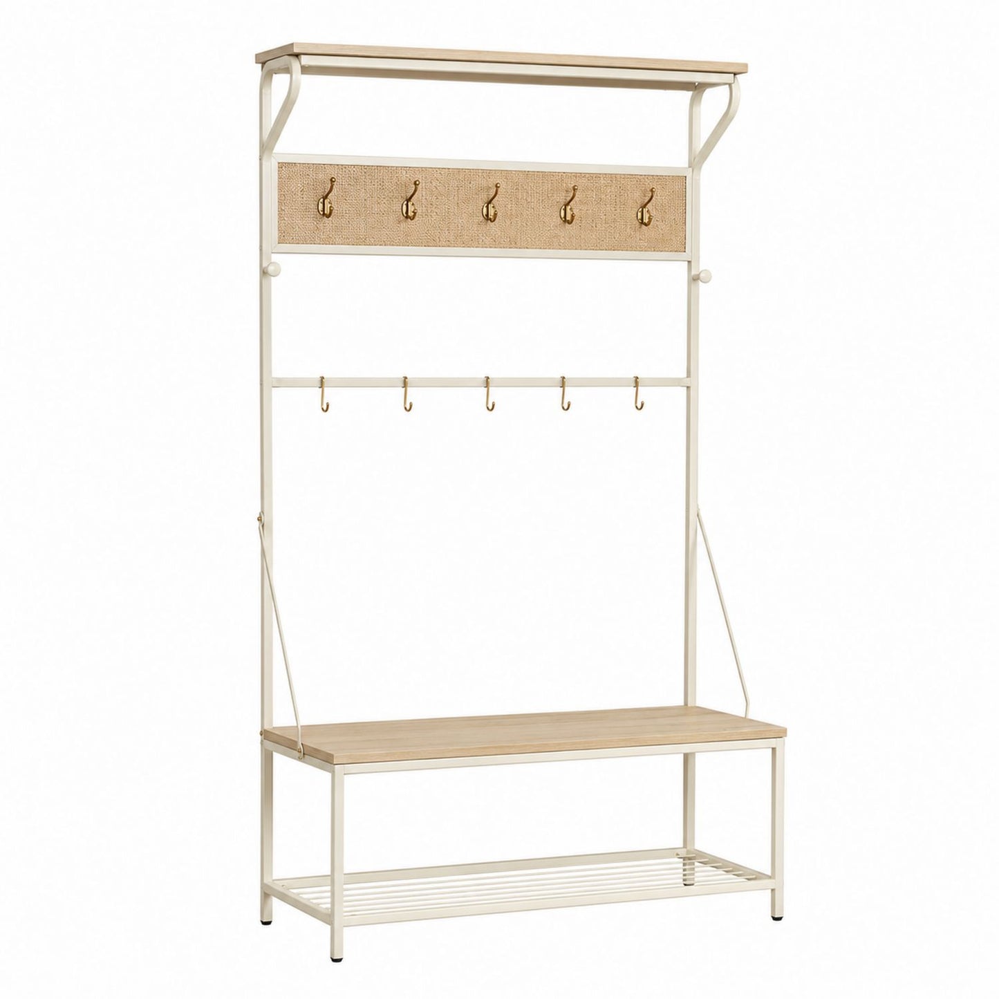 Metal Entryway Coat Rack with Bench and Shelf Beige