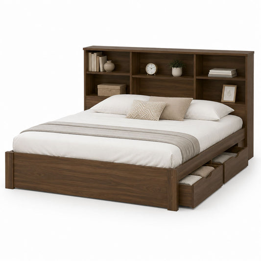 Queen Size Wood Platform Bed with Headboard Shelves and Drawers