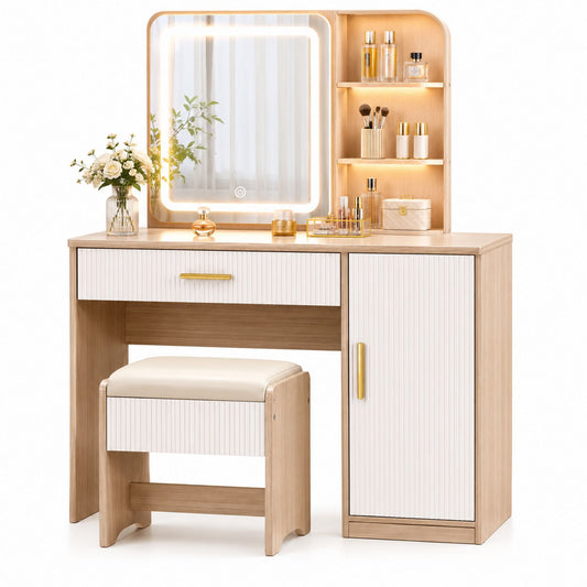 Vanity Set with Mirror and Stool, Oak Wood