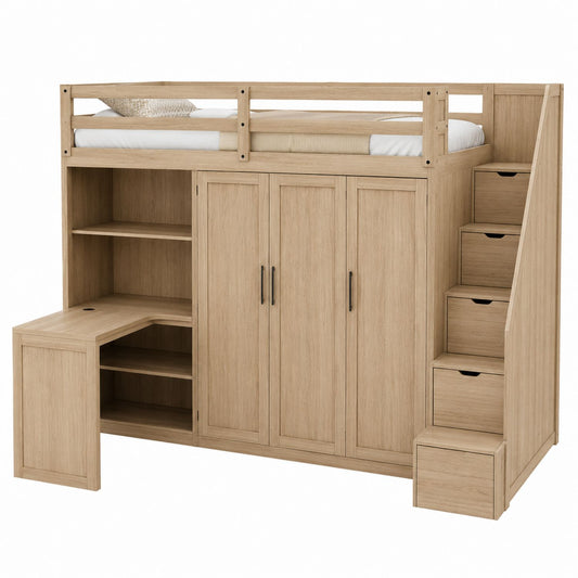 Wood Loft Bed with Desk and Storage