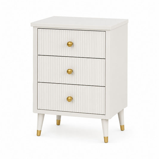 Three-Drawer White Wood Nightstand with Ribbed Design and Gold Handles