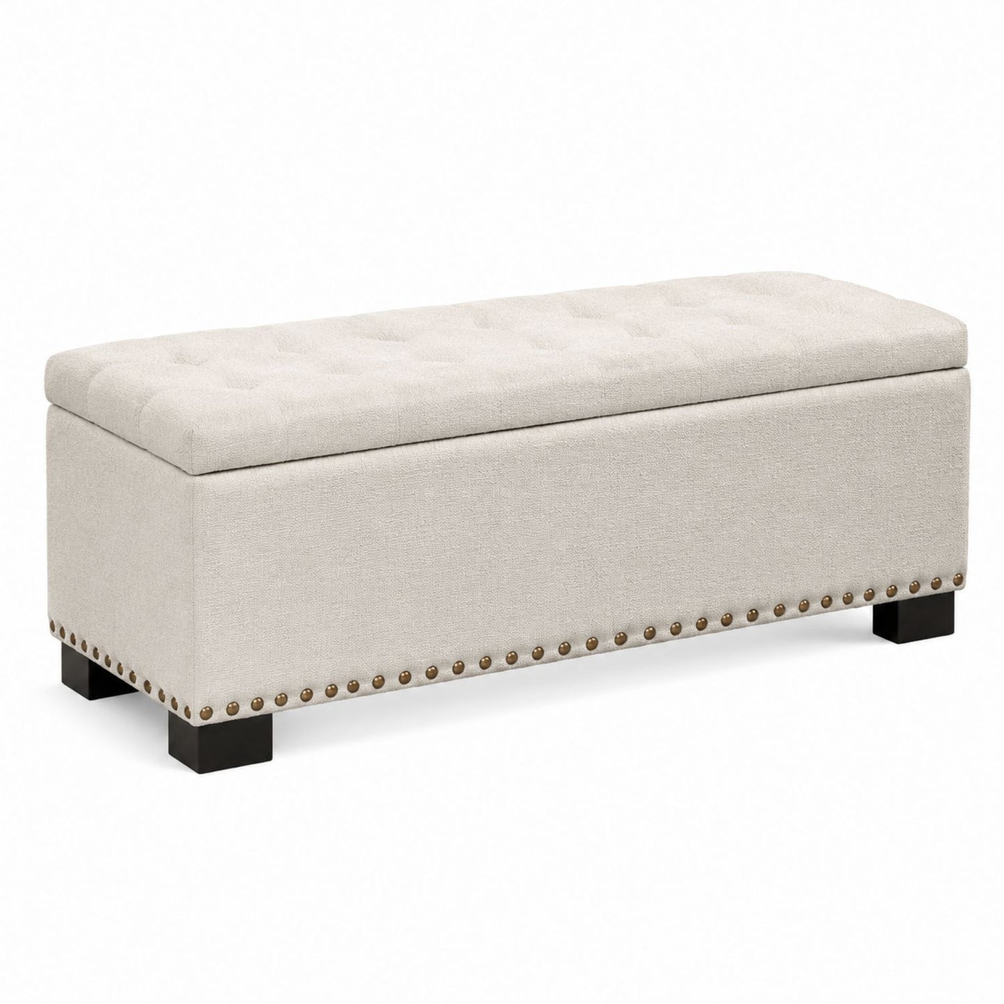 Linen Upholstered Storage Bench with Nailhead Trim 120cm Beige