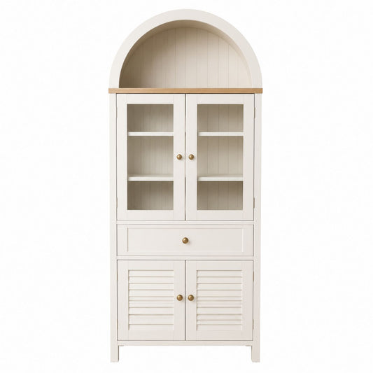White Pine Wood Arch Top Storage Cabinet with Glass Doors