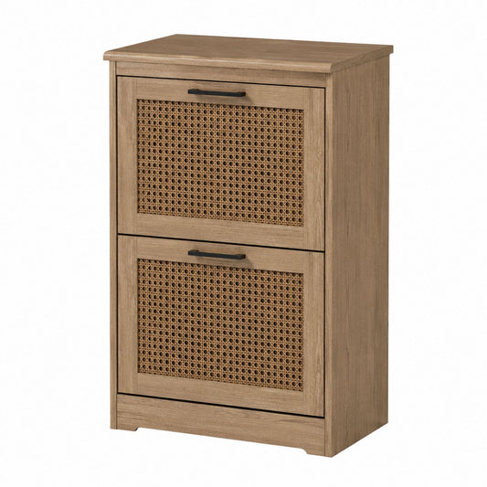 Wooden Shoe Cabinet with Rattan Doors Two-Tier Brown