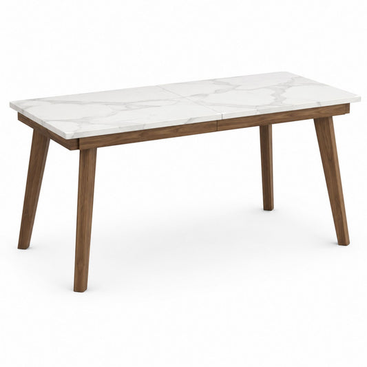 Rectangular Dining Table with Polished Marble Top and Walnut Legs