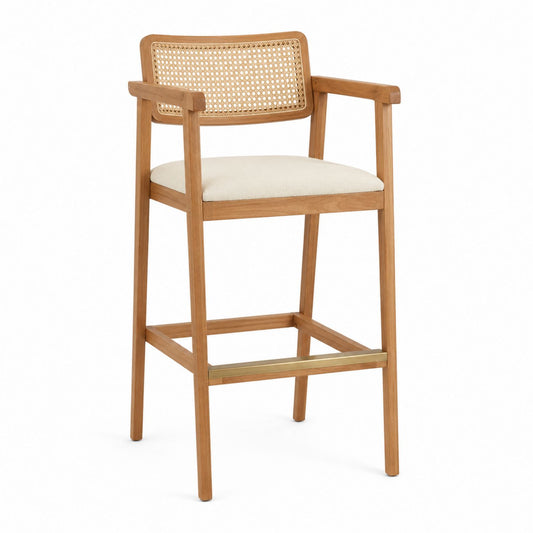 Wood Bar Stool with Rattan Backrest and Beige Cushion