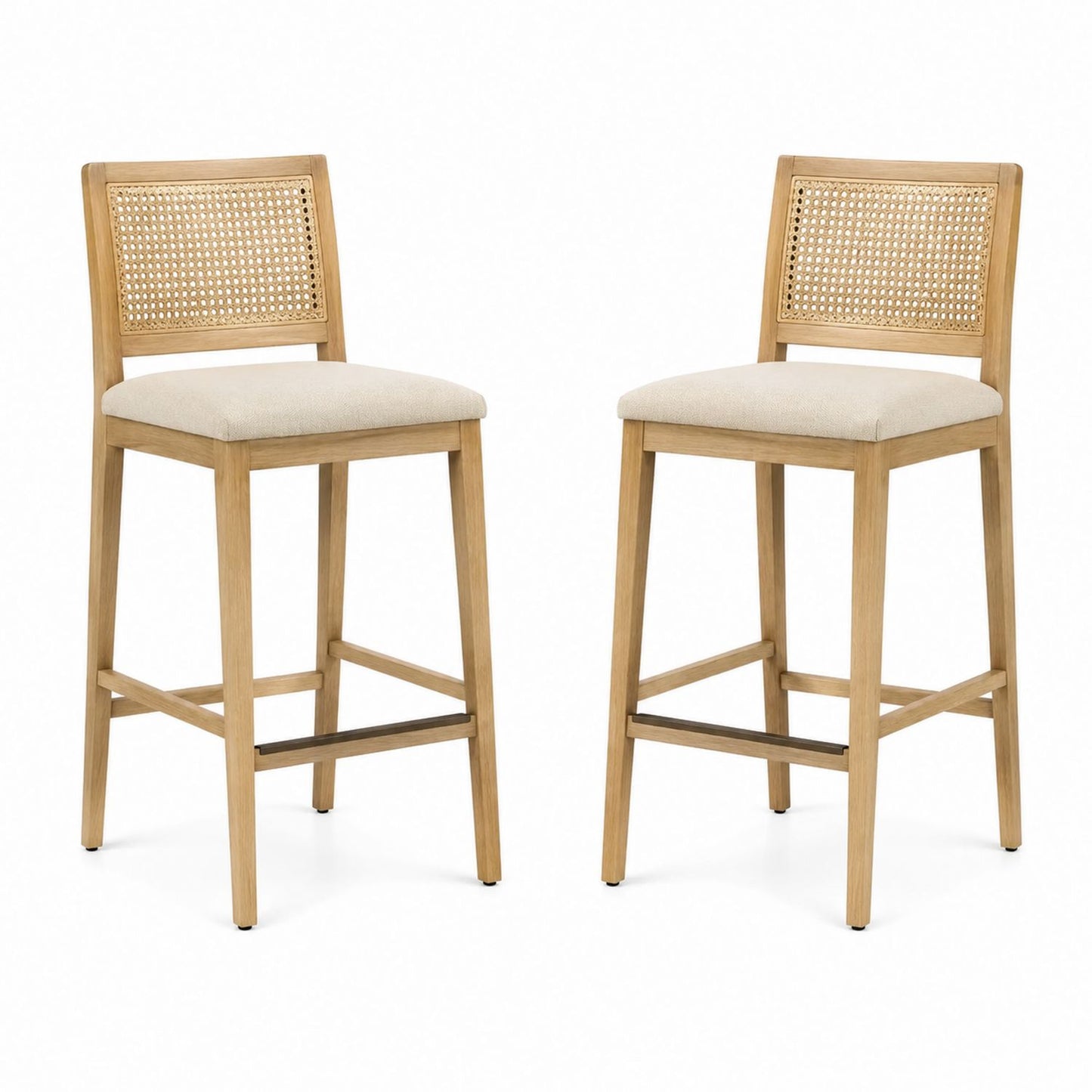 Set of 2 Wooden Rattan Back Bar Stools with Beige Linen Upholstery
