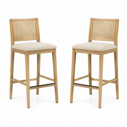 Set of 2 Wooden Rattan Back Bar Stools with Beige Linen Upholstery