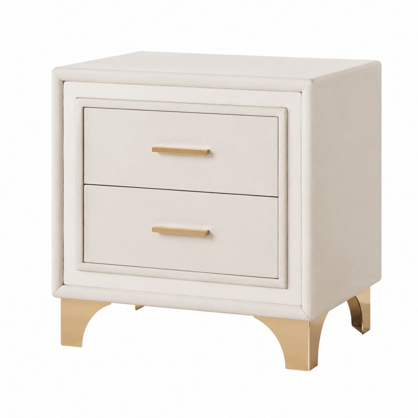 2-Drawer Faux Leather Nightstand with Gold Metal Legs Beige 60cm x 40cm x 60cm