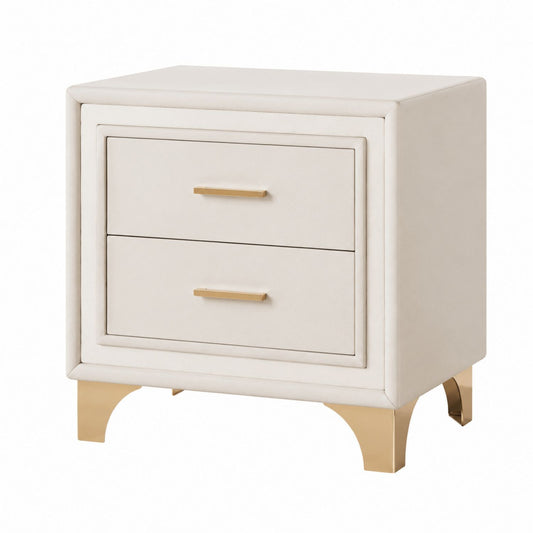2-Drawer Faux Leather Nightstand with Gold Metal Legs Beige 60cm x 40cm x 60cm