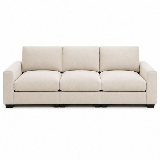 Beige Fabric Three-Seater Sofa with Wooden Block Feet