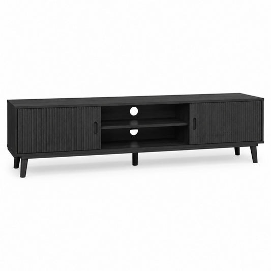 Black Wood TV Stand with Sliding Doors and Cable Management