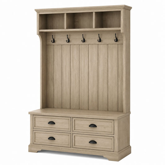 Wooden Coat Rack with Storage Drawers and Hooks Beige 180cm