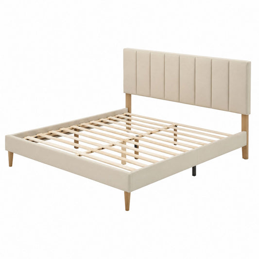 Beige Faux Leather Bed with Pine Wood Legs