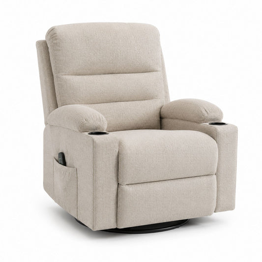 Beige Polyester Recliner Chair with Cup Holders and Swivel Base