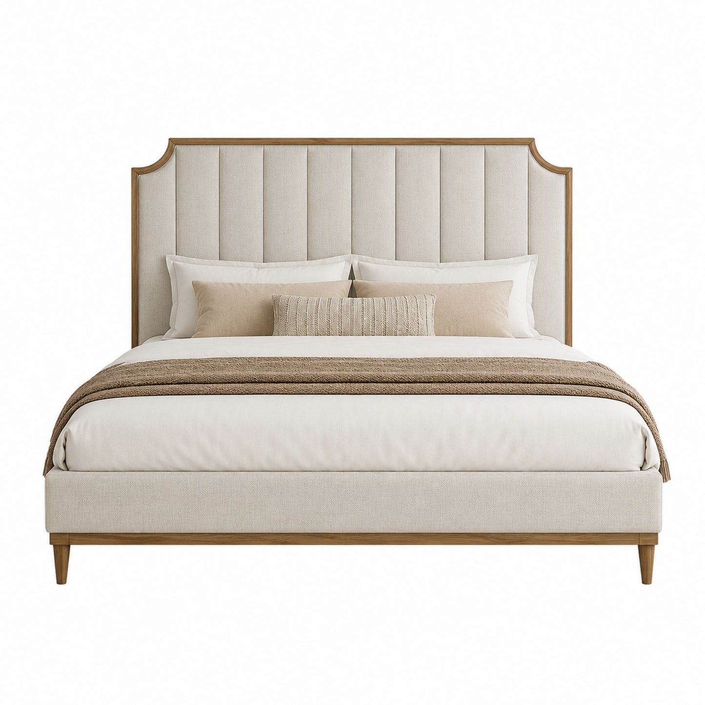 King Size Upholstered Bed with Oak Wood Frame in Beige