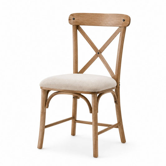 Oak Wood Dining Chair with Beige Fabric Seat